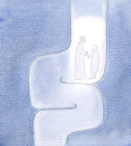 私たちが父に向かって進むとき、まるでねじれたトンネルを旅しているかのように、キリストが私の旅の間ずっと私を抱きしめているのを見ました。2000年（紙にw - c）
