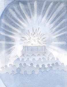 私は祭壇に白い犠牲の火と、2000年の真のキリストの犠牲の輝きと栄光を見ました（紙にw - c） 作： Elizabeth Wang