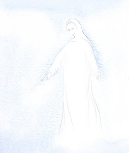 私は聖母マリアの尊厳と彼女が今天国で受けている栄光を垣間見ることができました。2001年（紙にw - c） 作： Elizabeth Wang
