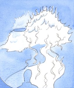 私は神の頭の表現を見せられました：火の山、その頂上は私に向かって移動し、神の甘さで私に触れました、2003年（紙にw - c） 作： Elizabeth Wang