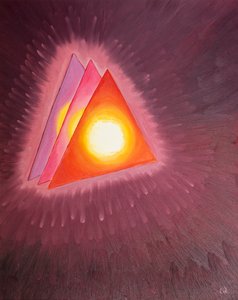 私は聖三位一体のシンボルを見せられました：それぞれの中心に溶岩（神の愛を表す）のような火が付いた3つの三角形、2003年（船上の油） 作： Elizabeth Wang