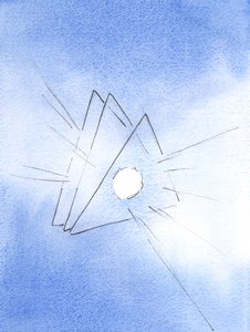 私は聖三位一体のシンボルを見せられました：それぞれの中心に溶岩（神の愛を表す）のような火が付いた3つの三角形、2003年（紙にw - c） 作： Elizabeth Wang