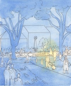 イエスが町の中心部を歩いていたら、人々は急いでイエスに会いに行きました、2003年（紙にw - c） 作： Elizabeth Wang