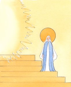 父なる神が栄光を現す天国の宮廷の写真では、聖母は2004年に父なる神の王位に至る階段に置かれています（紙にw - c） 作： Elizabeth Wang
