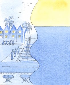 海辺の町では、にぎやかな通りや港を眺めたり、空と穏やかな海を眺めたりすることができます。2003年（紙にw - c） 作： Elizabeth Wang