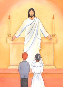初聖体を作る子供たちに、本当の存在と、聖なる純粋な生活を送る方法について教えることが重要です。2004年（紙にw - c） 作： Elizabeth Wang