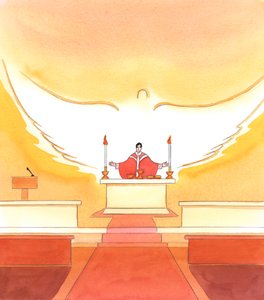 私たちが提供するすべての祈りの中で働いているのは聖霊であり、パンとワインがクリスの聖体と血になったときに奉献で起こる変化をもたらすために働いています。 作： Elizabeth Wang