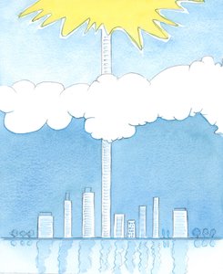 神への信頼と神の教会への従順を通して、誰かがまるで天国まで達する建物の頂上に連れて行かれることができます、2003年（紙にw - c） 作： Elizabeth Wang