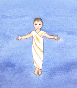 イエス・キリストは真の神であり、私たちの人間性を引き受け、単なる幼児として私たちの間に来る謙遜さと善良さを持っています、2003年（紙にw - c） 作： Elizabeth Wang