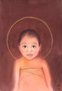 イエス・キリストは真の神であり、私たちの人間性を引き受け、単なる幼児として私たちの間に来る謙遜さと善良さを持っています、2003年（紙にw - c） 作： Elizabeth Wang