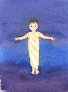 イエス・キリストは真の神であり、私たちの人間性を引き受け、単なる幼児として私たちの間に来る謙遜さと善良さを持っています、2003年（紙にw - c） 作： Elizabeth Wang