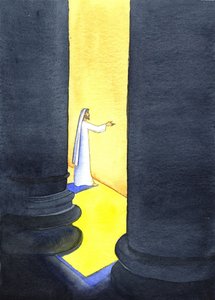 イエス・キリストは神殿で説教し、群衆は彼の言葉に固執しました、2001年（紙にw - c） 作： Elizabeth Wang