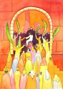 イエスは行列でエルサレムに入る（PalmSunday）、2001年（紙にw - c） 作： Elizabeth Wang