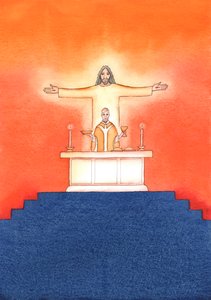イエスはミサで私たちと一緒にいて、私たちに代わって、私たちの必要を助け、永遠の救いのために父に祈っています。私たちはすべての祈りを彼の偉大な犠牲の祈り、2004年と結びつけることができます（w - c on pa 作： Elizabeth Wang