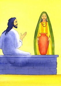 イエスは2001年に井戸でサマリア人の女性と出会う（紙にw - c） 作： Elizabeth Wang