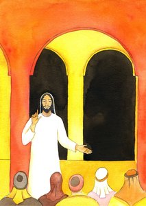 イエスは神殿で説教し、真実を語り、2001年にイエスに危害を加えることを企てた人々を怒らせました（紙にw - c） 作： Elizabeth Wang