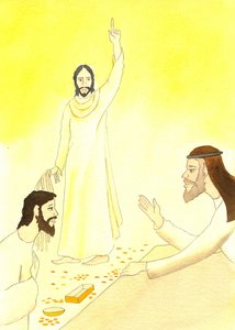 イエスは神殿の両替人にこう言われます：「私の家はすべての国のための祈りの家と呼ばれるだろうか」、2001年（紙にw - c） 作： Elizabeth Wang