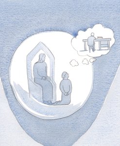 私が祈ることを決心したとき、イエスは無限の忍耐と親切で待っていますが、私が行ってきた仕事の考えに気を取られていることに気づきました。2000年（紙にw - c） 作： Elizabeth Wang