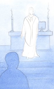 イエスはミサで私たちの中にいて、司祭として服を着て、私たちを祈りに導くために私たちの方を向いていました、2000年（紙にw - c） 作： Elizabeth Wang