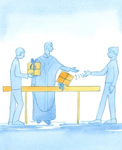 完璧な贈り物が彼の前に投げられるだけでなく、彼に注意深く提示されたときに司祭がより多くの名誉を受け取るように、2003年（紙にw - c） 作： Elizabeth Wang