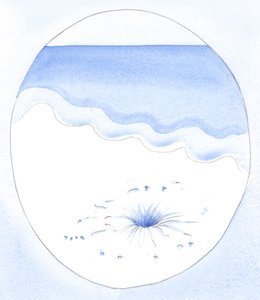 光と空気が砂の下の中空の空間に注がれるのと同じように、神の恵みは自己否定の行為によって「空洞化された」魂に注がれます、2002年（紙にw - c） 作： Elizabeth Wang