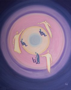 キリストの中での生活は、三人の神からの導きを愛する絶えず動くプロセスのようなものです。これは、より大きな神聖さへと、意欲的な魂を高く引き上げます。 、2003年（船内オイル） 作： Elizabeth Wang