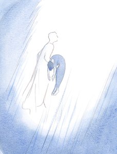 かつて、キリストはその浄化の後に去った魂を素早く受け入れ、それを-ちょうど出産したばかりの生まれたばかりの赤ちゃんのように-天国に向かって高く持ち上げました。、2001年（紙にw - c） 作： Elizabeth Wang
