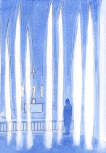 祝福された秘跡でキリストの前に祈りに行く人は、2001年に黙って崇拝している天使たちの中に身を置きます（紙にw - c） 作： Elizabeth Wang