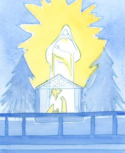 私たちの祝福された女性は、栄光の中で聖母礼拝堂に立って、2003年に息子の私たちの主の誕生の饗宴で私たちの喜びをどのように分かち合っているかを示しました（紙にw - c） 作： Elizabeth Wang