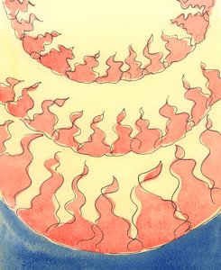 炎の列が地獄の奥深くに見られます。そこでは、自分の選択のために、欲望、プライド、不従順、または思いやりの欠如で死ぬまで生きた無慈悲な魂が抱かれています。 作： Elizabeth Wang