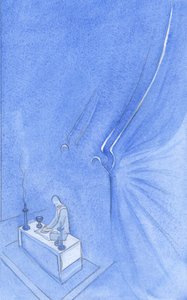 祭壇の後ろに立っているのは2人の聖なる天使です。背が高く、素晴らしく、火の光の形のように美しく、頭と翼に金色に輝いています。2001年（紙にw - c） 作： Elizabeth Wang