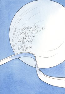 質量での奉献は、リボンが球に触れたときのように、人間の生命と神の生命の間の「交差点」です、2002年（紙にw - c） 作： Elizabeth Wang