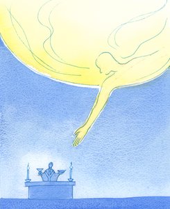 父は私たちのパンとワインの贈り物を、まるで子供から贈り物を受け取る親切な親のように天国から寄りかかっているかのように受け入れます、2003年（紙にw - c） 作： Elizabeth Wang