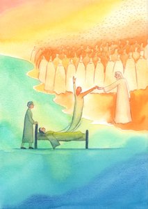 天国の準備ができている聖なる魂は、キリストだけでなく、彼の聖なる母とすべての聖人たちによっても出会われます、2003年（紙にw - c） 作： Elizabeth Wang