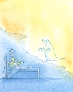 死ぬプロセス：死ぬことは一種の労働です。キリストは、2003年の地上の生命の「子宮」の中でしばらくして天国に入る忠実な子供たちのそれぞれを歓迎するのを待っています（紙にw - c） 作： Elizabeth Wang