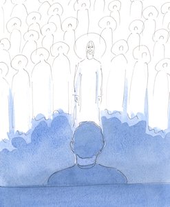 私たちが祈るとき、聖徒たちはキリストと共に私たちの周りにいます。彼らは私たちの心の中の愛、そして私たちが彼らを称えるすべての敬虔な言葉と身振りで喜び、三人の神の人を崇拝し、賞賛します。 作： Elizabeth Wang