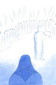 天国の聖徒たちは、私たちのキリストへの愛と私たちの良い行動を喜んでいます。なぜなら、天国のすべての喜びが共有されているからです。2002年（紙にw - c） 作： Elizabeth Wang