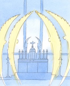 天使たちは、2004年の祝福された秘跡の幕屋にいる主を「守る」（紙にw - c） 作： Elizabeth Wang