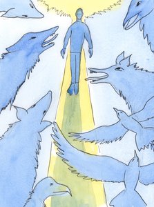 邪悪な者は働いており、神を愛し、善を行いたいと願う人々を怖がらせ、追いかけ、食い尽くすためにできる限りのことをしています。2004年（紙にw - c） 作： Elizabeth Wang