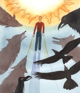 邪悪な者は働いており、神を愛し、善を行いたいと願う人々を怖がらせ、追いかけ、食い尽くすためにできる限りのことをしています。2004年（紙にw - c） 作： Elizabeth Wang