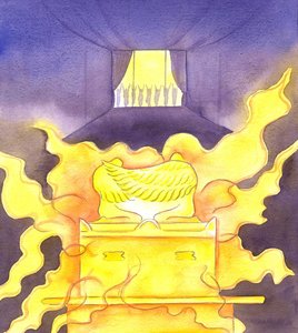 神の栄光は、2001年に神からモーセに与えられた戒めの錠剤が保管されていた2つのケルビムが上にある貴重な箱である「契約の箱」にかかっていました（紙にw - c） 作： Elizabeth Wang