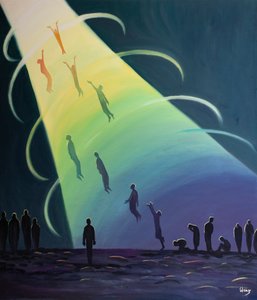 煉獄の魂は、2001年の神の栄光の輝きに耐えられるようになるとすぐに、神の至福に引き込まれます（船上の油） 作： Elizabeth Wang