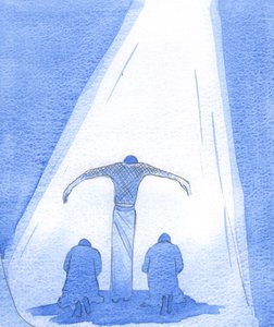 苦しんでいる救い主は、悔い改めた人々を保護するために、腕を伸ばして立っています。そして父は、2002年に彼の息子を天から愛情を込めて見ています（紙にw - c） 作： Elizabeth Wang