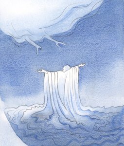 キリストの血を通して、私たちは洗われ、白い衣服を着て、2001年に父に近づく準備ができています（紙にw - c） 作： Elizabeth Wang