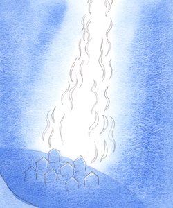 イエスの血を通して：私たちが「イエスの名において」または「イエスの血を通して」誰かのために祈るとき、神の恵みが貧しい人に注がれるように、それはまるで天から火が降りてくるかのようです、2002 作： Elizabeth Wang