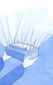 キリストの犠牲を父に捧げることは、私たちの悔い改め、許された罪である「ダイヤモンド」によってより美しくなる宝箱を捧げるようなものです。2002年（紙にw - c） 作： Elizabeth Wang