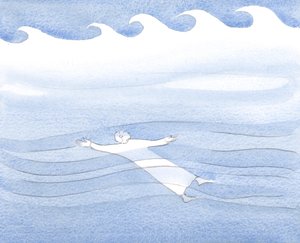 弱さの中でも自信を持って祈れば、表面の嵐に悩まされることなく、水面下を滑空することができます。2000年（紙にw - c） 作： Elizabeth Wang