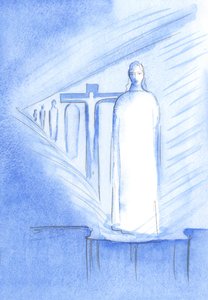 私たちは祭壇の祝福された秘跡でキリストに会うことができます。彼の人と彼の存在の中で、私たちはキリストの人生のあらゆる段階に触れることができます、2001年（紙にw - c） 作： Elizabeth Wang
