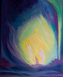 私たちが恵みの状態で生きるとき、私たちは魂の中の三人の神の人を愛し、崇拝します、2000年（船上の油） 作： Elizabeth Wang