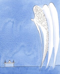 私たちは本当に聖なる天使たちと一緒に祈っています。彼らは教会にいて、私たちが奉献を待つ間、「聖なる、聖なる、聖なる主...」を祈るときに神を崇拝しています。 作： Elizabeth Wang